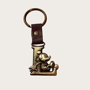 Disney Mickey Mouse Brass "L" Monogram Keychain Keyring with Leather Strap